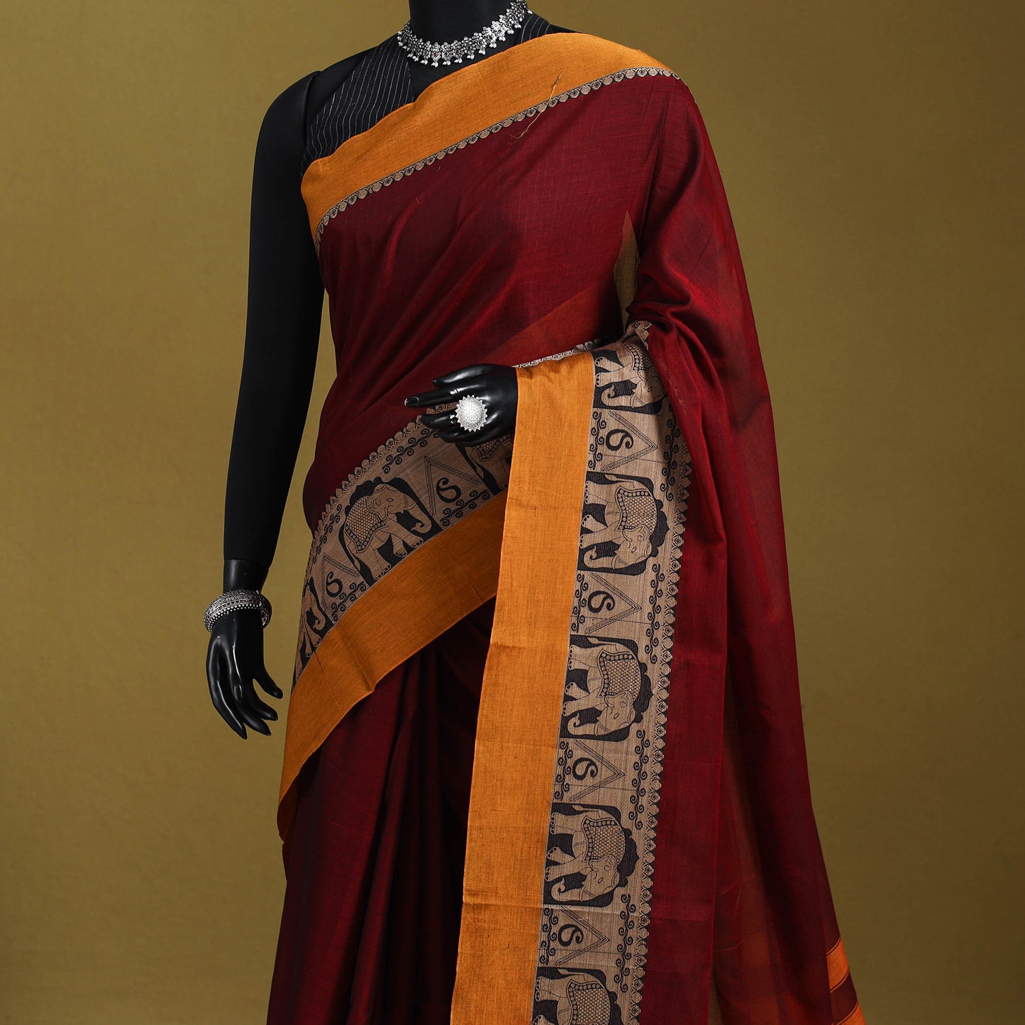 Maroon - dharwad cotton saree with border 65 - handcrafted