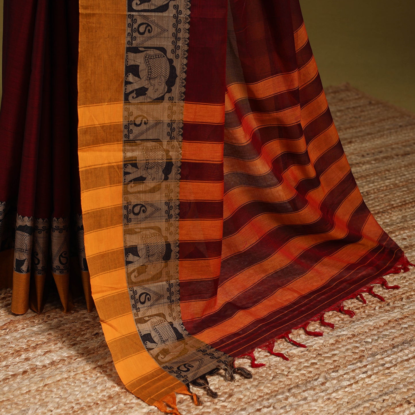 Maroon - dharwad cotton saree with border 65 - handcrafted
