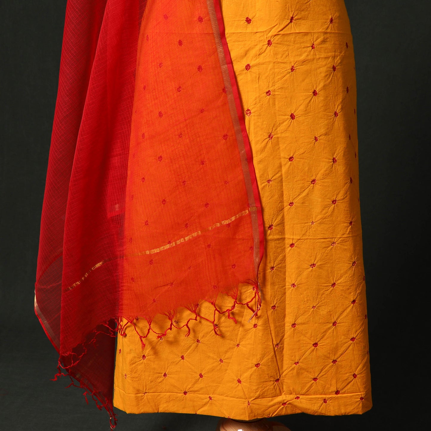 Kutch Bandhani Tie-Dye Cotton 2pc Unstitched Dress Material Kurta Set with Earrings 18