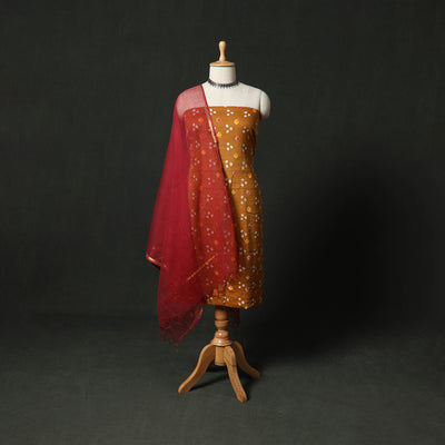 Kutch Bandhani Tie-Dye Cotton 2pc Unstitched Dress Material Kurta Set with Earrings 19