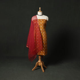 Kutch Bandhani Tie-Dye Cotton 2pc Unstitched Dress Material Kurta Set with Earrings 19