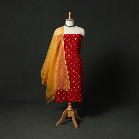 Kutch Bandhani Tie-Dye Cotton 2pc Unstitched Dress Material Kurta Set with Earrings 21