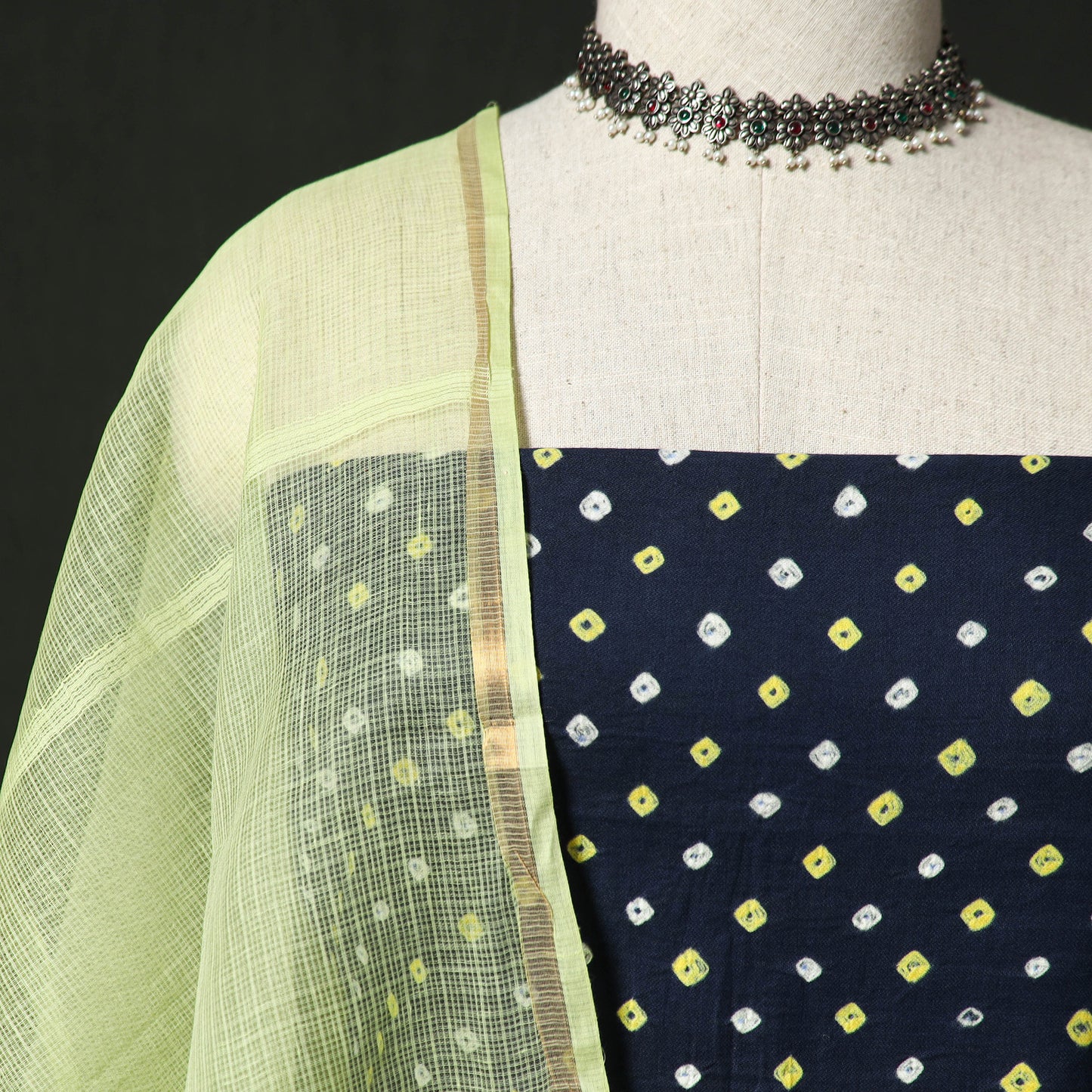 Kutch Bandhani Tie-Dye Cotton 2pc Unstitched Dress Material Kurta Set with Earrings 23