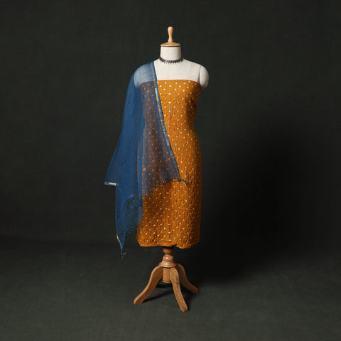 Kutch Bandhani Tie-Dye Cotton 2pc Unstitched Dress Material Kurta Set with Earrings 24