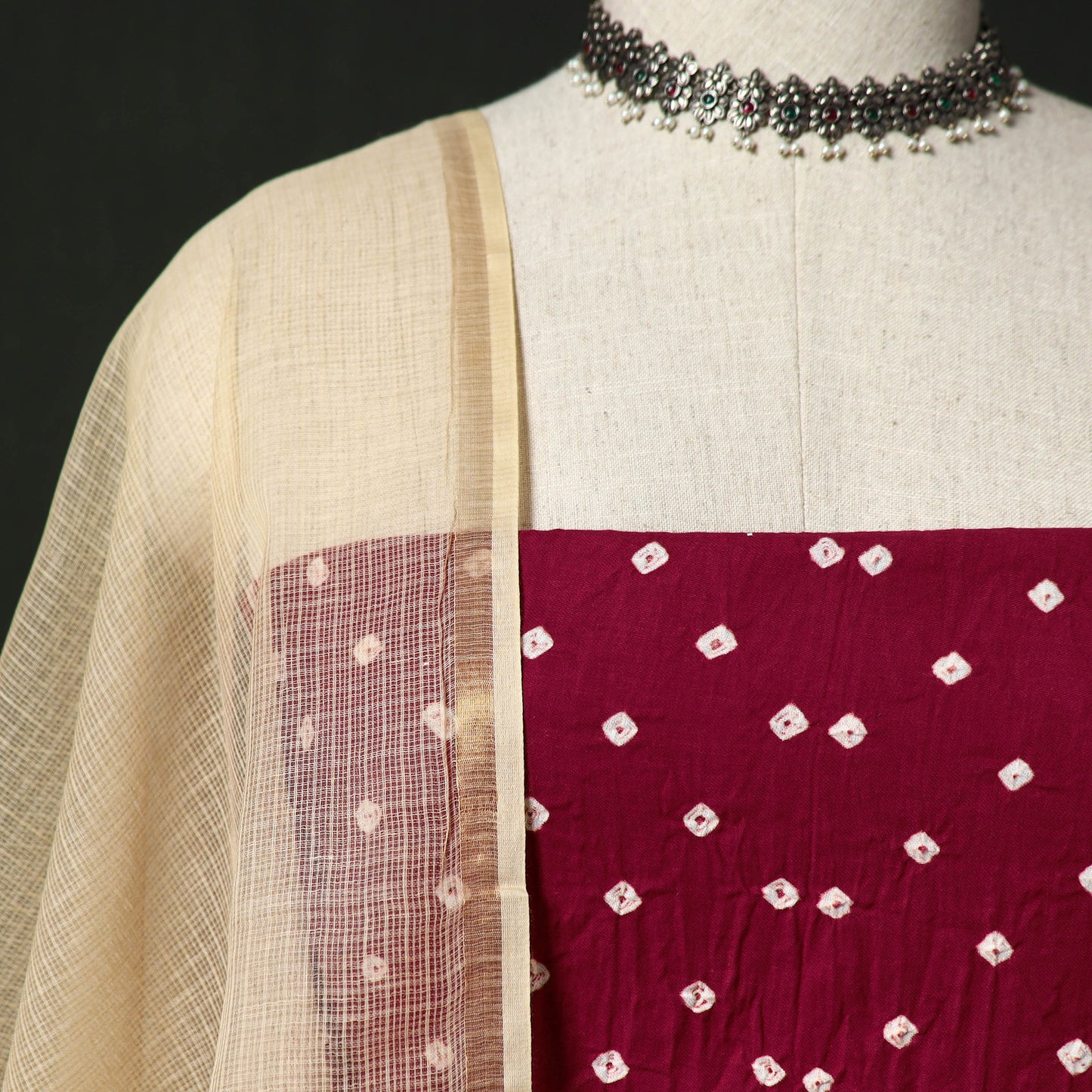 Kutch Bandhani Tie-Dye Cotton 2pc Unstitched Dress Material Kurta Set with Earrings 25