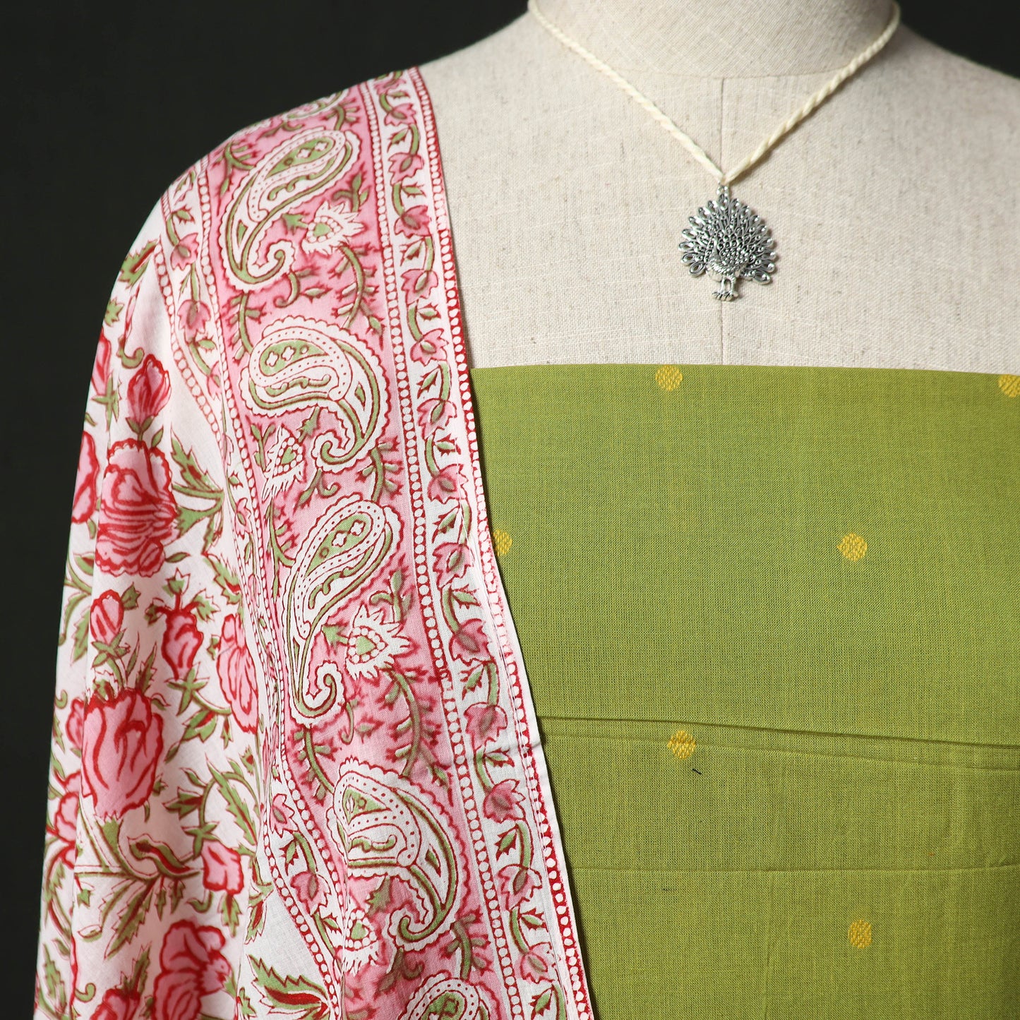 Jacquard Woven 2pc Cotton Unstitched Dress Material Kurta Set with Jewellery 04