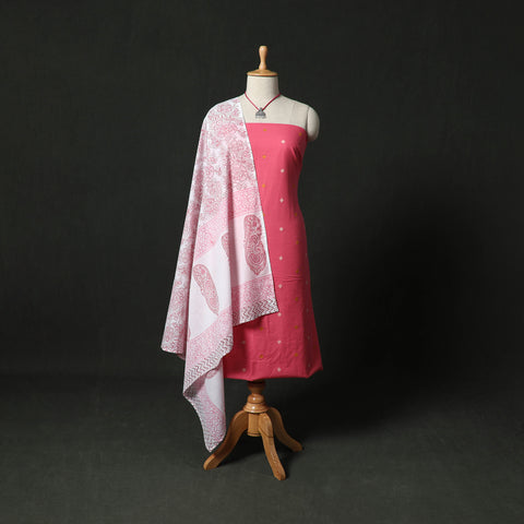 Jacquard Woven 2pc Cotton Unstitched Dress Material Kurta Set with Jewellery 09
