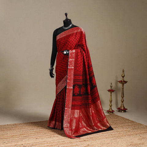 Red - natural dyed dola silk bagh saree with zari border 15