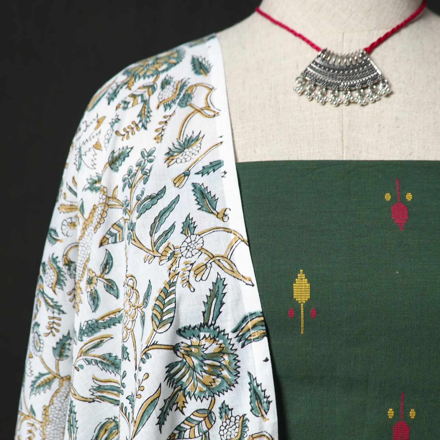 Jacquard Woven 2pc Cotton Unstitched Dress Material Kurta Set with Jewellery 13