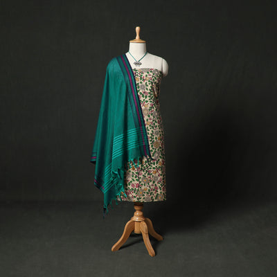 Kalamkari Printed Cotton 2pc Unstitched Dress Material Kurta Set with Jewellery 01