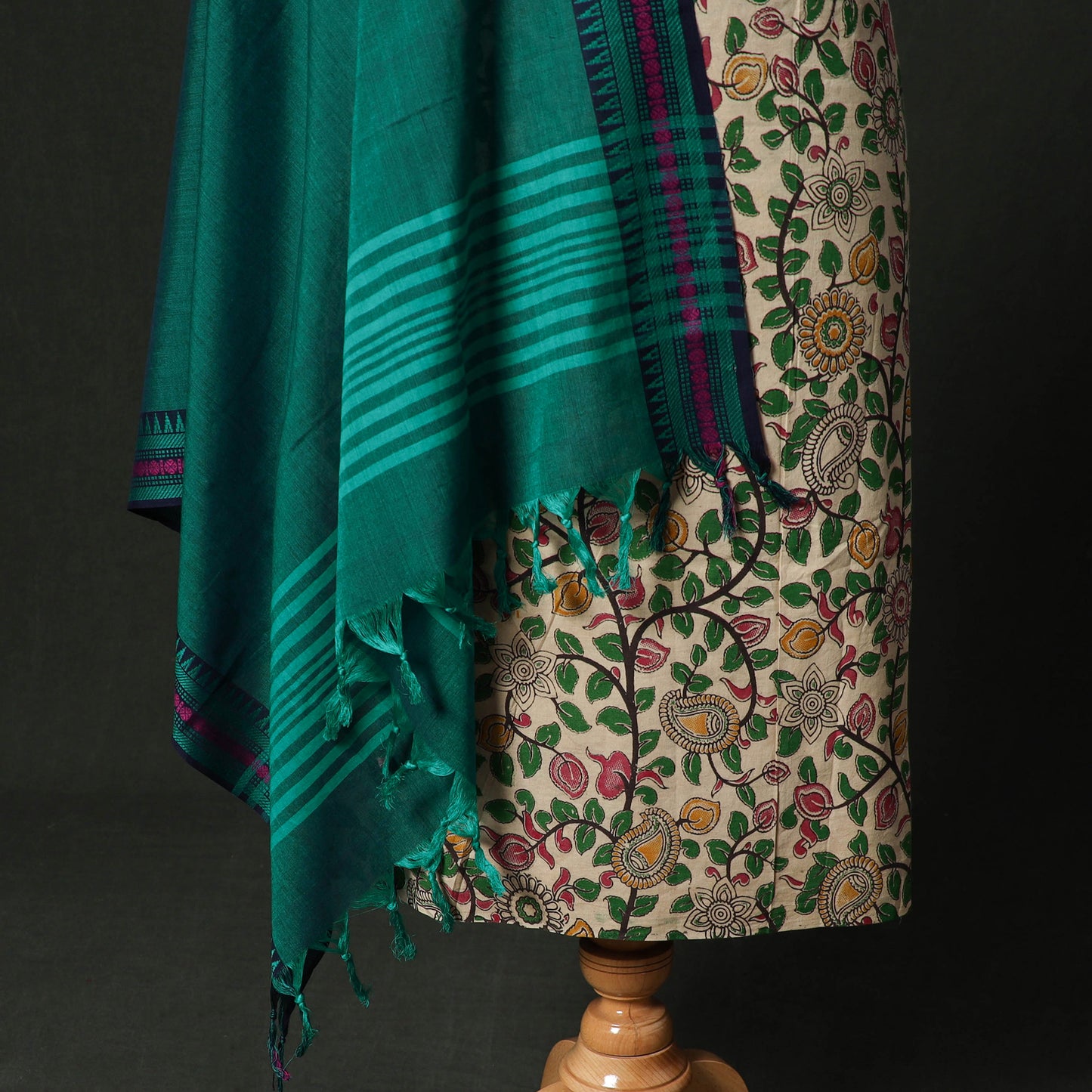 Kalamkari Printed Cotton 2pc Unstitched Dress Material Kurta Set with Jewellery 01