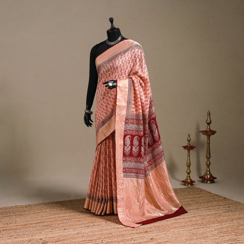 Peach - natural dyed dola silk bagh saree with zari border