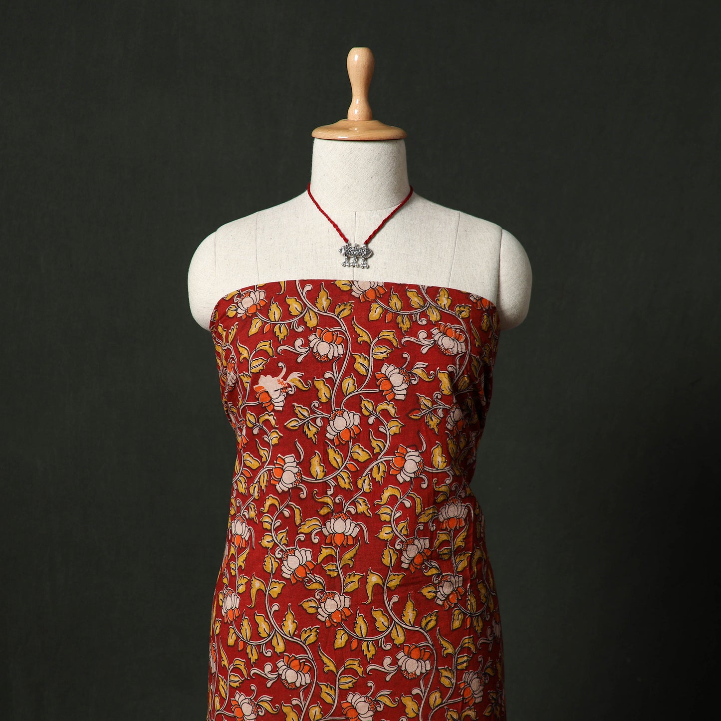 Kalamkari Printed Cotton 2pc Unstitched Dress Material Kurta Set with Jewellery 04