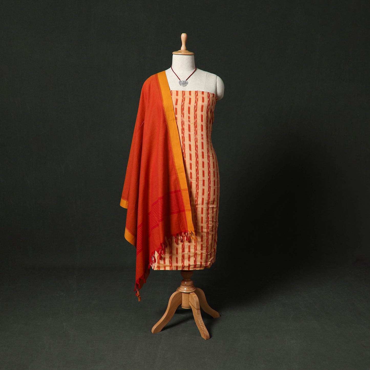 Pochampally Ikat Weave Cotton 2pc Unstitched Dress Material Kurta Set with Jewellery 05