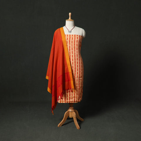 Orange - Pochampally Ikat Weave Cotton 2pc Unstitched Dress Material Kurta Set with Jewellery 05