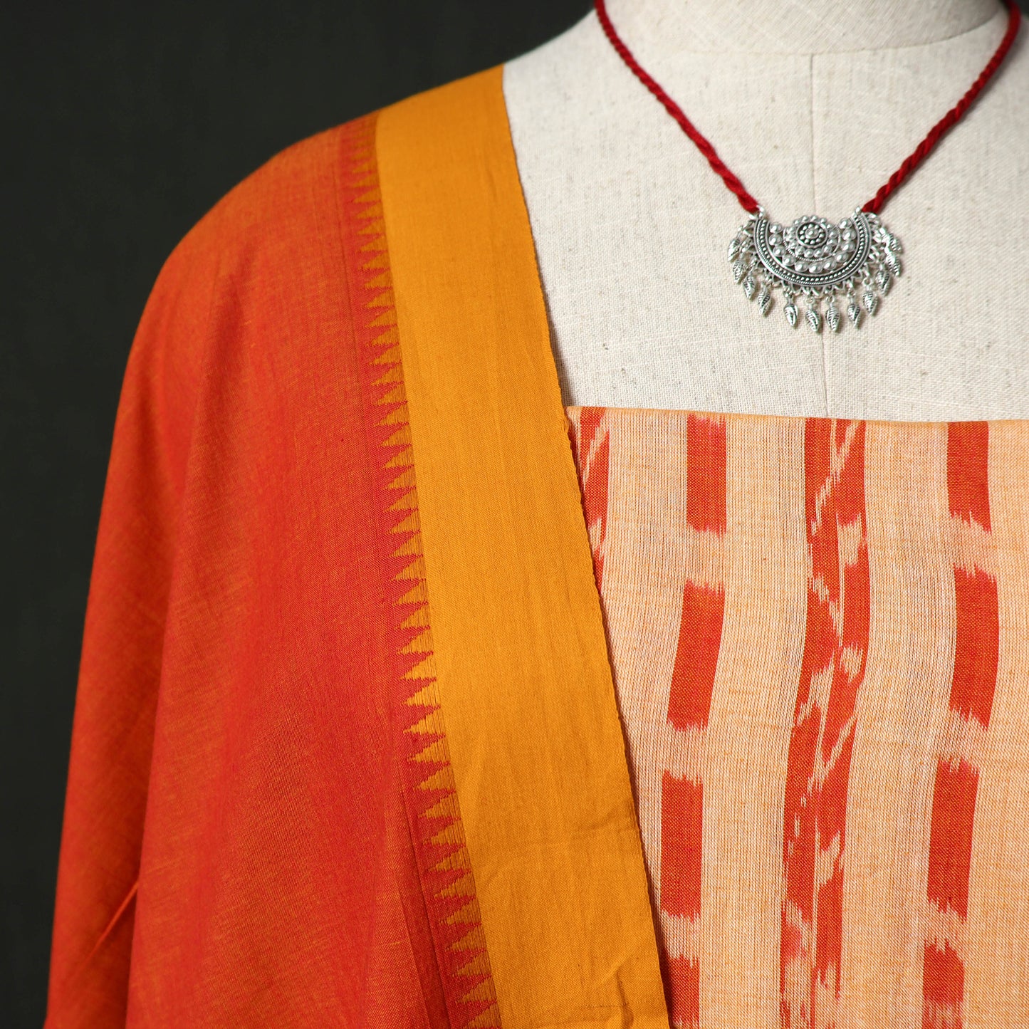 Pochampally Ikat Weave Cotton 2pc Unstitched Dress Material Kurta Set with Jewellery 05
