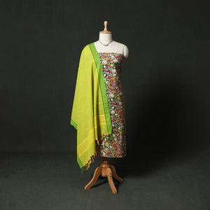 Multicolor - Kalamkari Printed Cotton 2pc Unstitched Dress Material Kurta Set with Jewellery 06