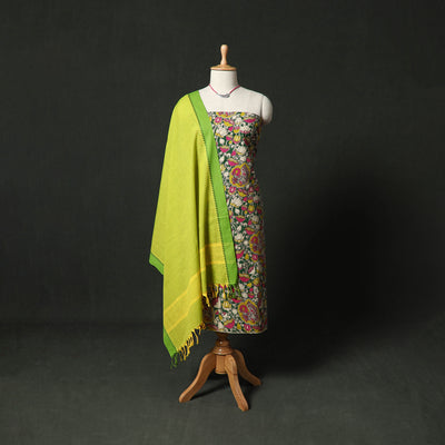 Kalamkari Printed Cotton 2pc Unstitched Dress Material Kurta Set with Jewellery 06