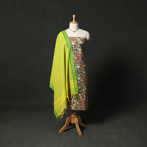 Kalamkari Printed Cotton 2pc Unstitched Dress Material Kurta Set with Jewellery 06