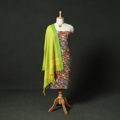 Kalamkari Printed Cotton 2pc Unstitched Dress Material Kurta Set with Jewellery 07
