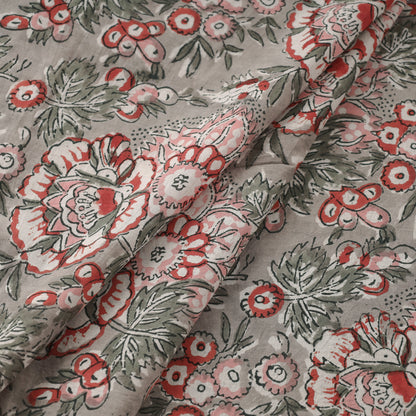 Grey With White Red And Pink Wild Floral Jaal Sanganeri Block Printed Cotton Fabric