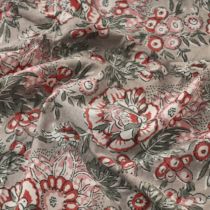 Grey With White Red And Pink Wild Floral Jaal Sanganeri Block Printed Cotton Fabric