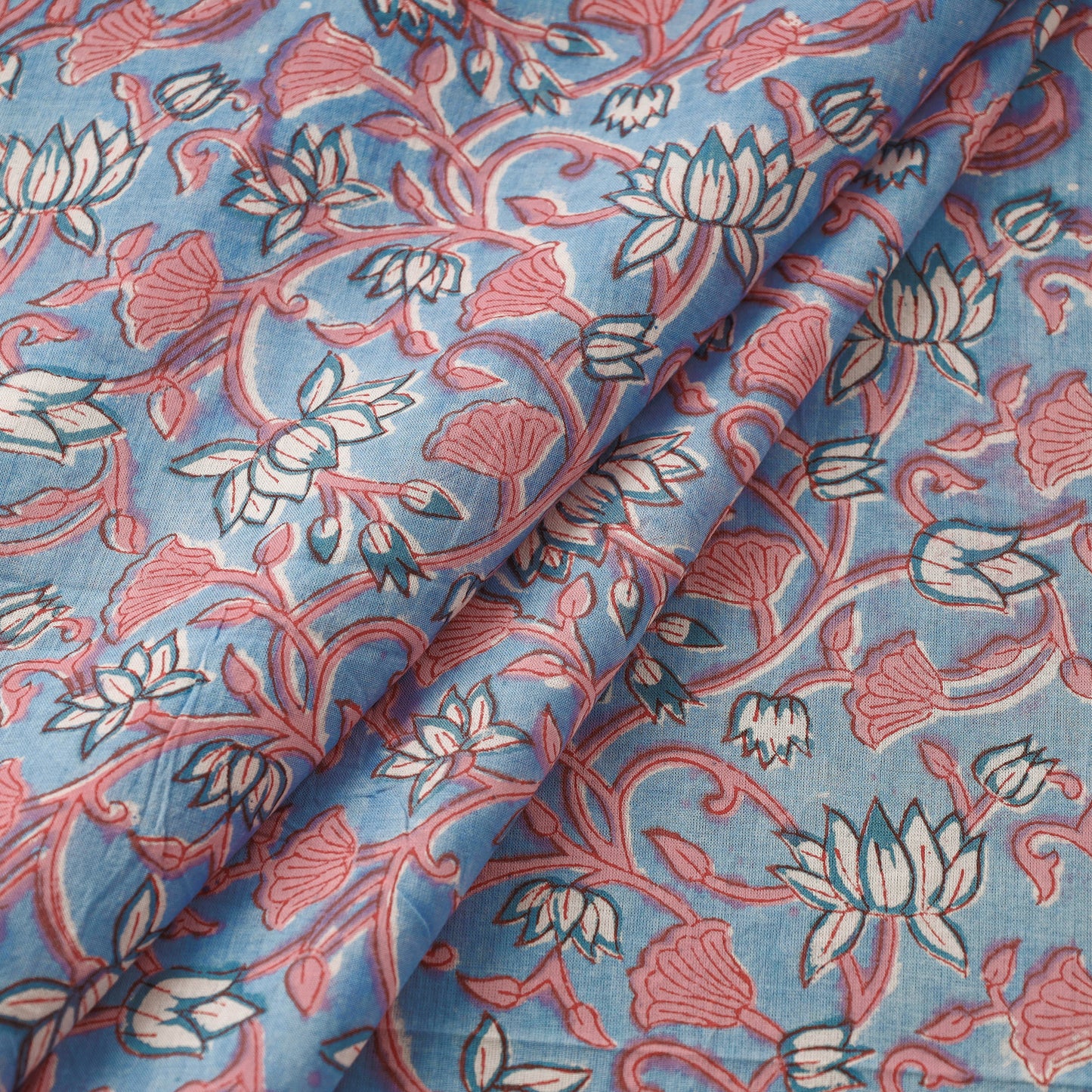 Multicolor - Blue Lotus Jaal Sanganeri Block Printed Cotton Fabric
