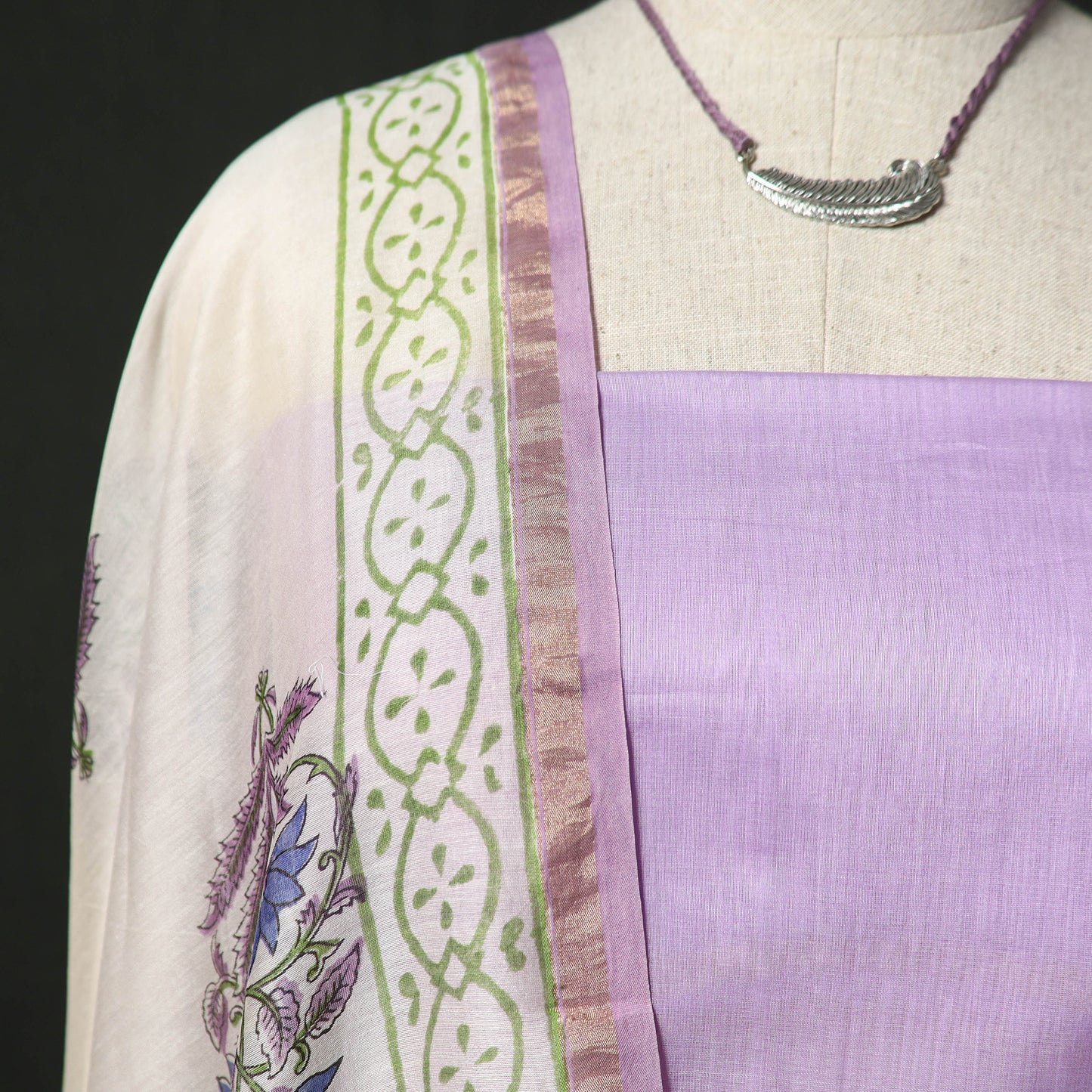 Plain Handloom Chanderi Silk 2pc Unstitched Dress Material Kurta Set with Jewellery 09