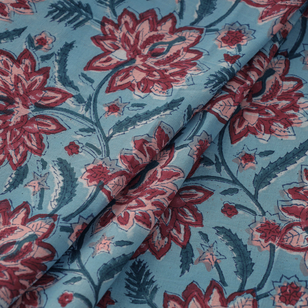 Blue - Laal Phool Butta Sanganeri Block Printed Cotton Fabric