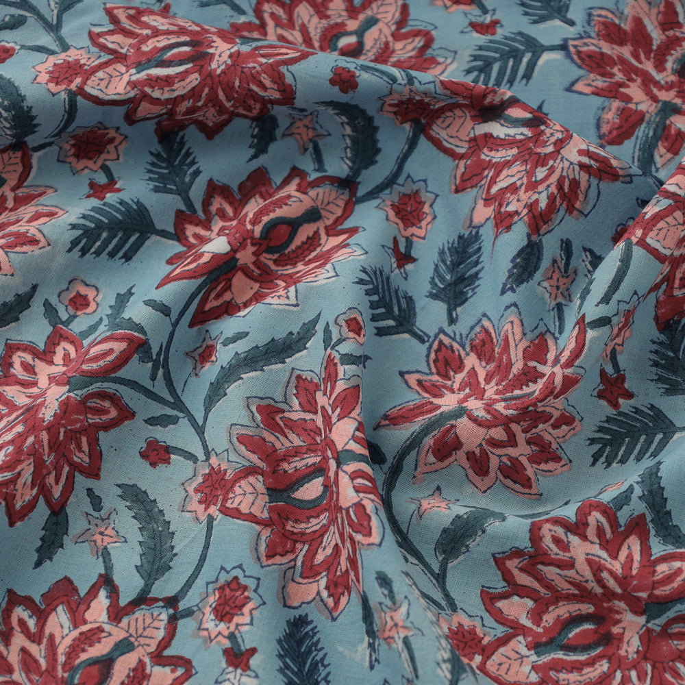 Blue - Laal Phool Butta Sanganeri Block Printed Cotton Fabric