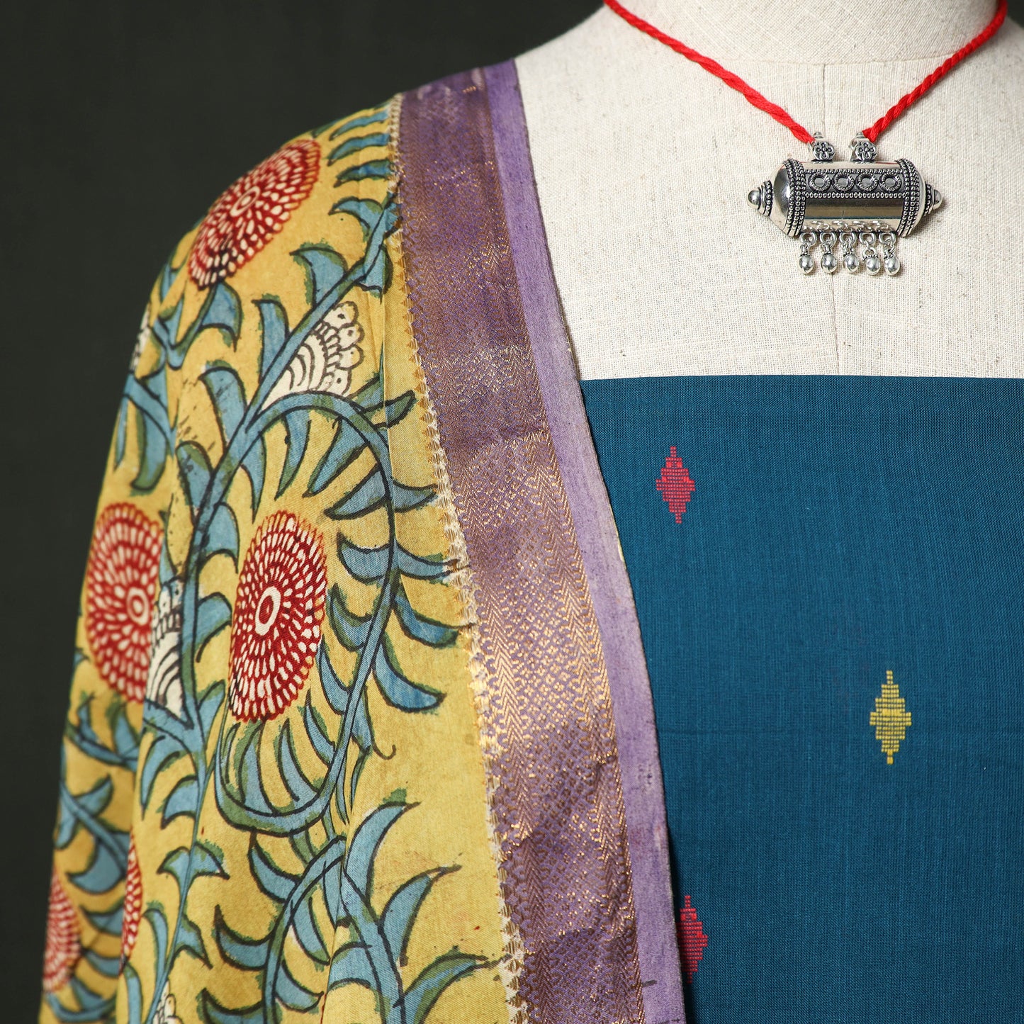 Jacquard Woven Cotton 2pc Unstitched Dress Material Kurta Set with Jewellery 14