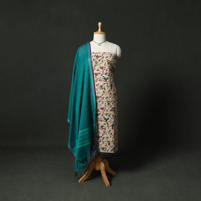 Kalamkari Printed Cotton 2pc Unstitched Dress Material Kurta Set with Jewellery 15