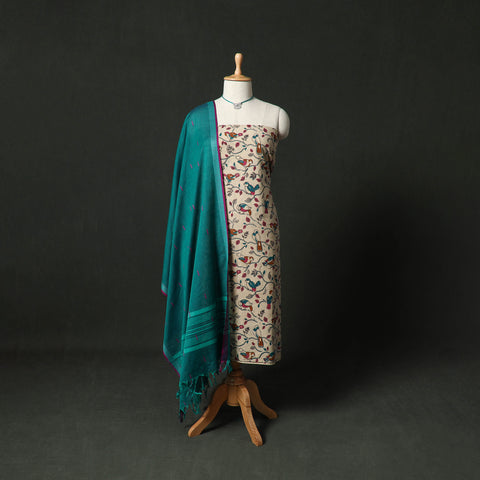 Kalamkari Printed Cotton 2pc Unstitched Dress Material Kurta Set with Jewellery 15