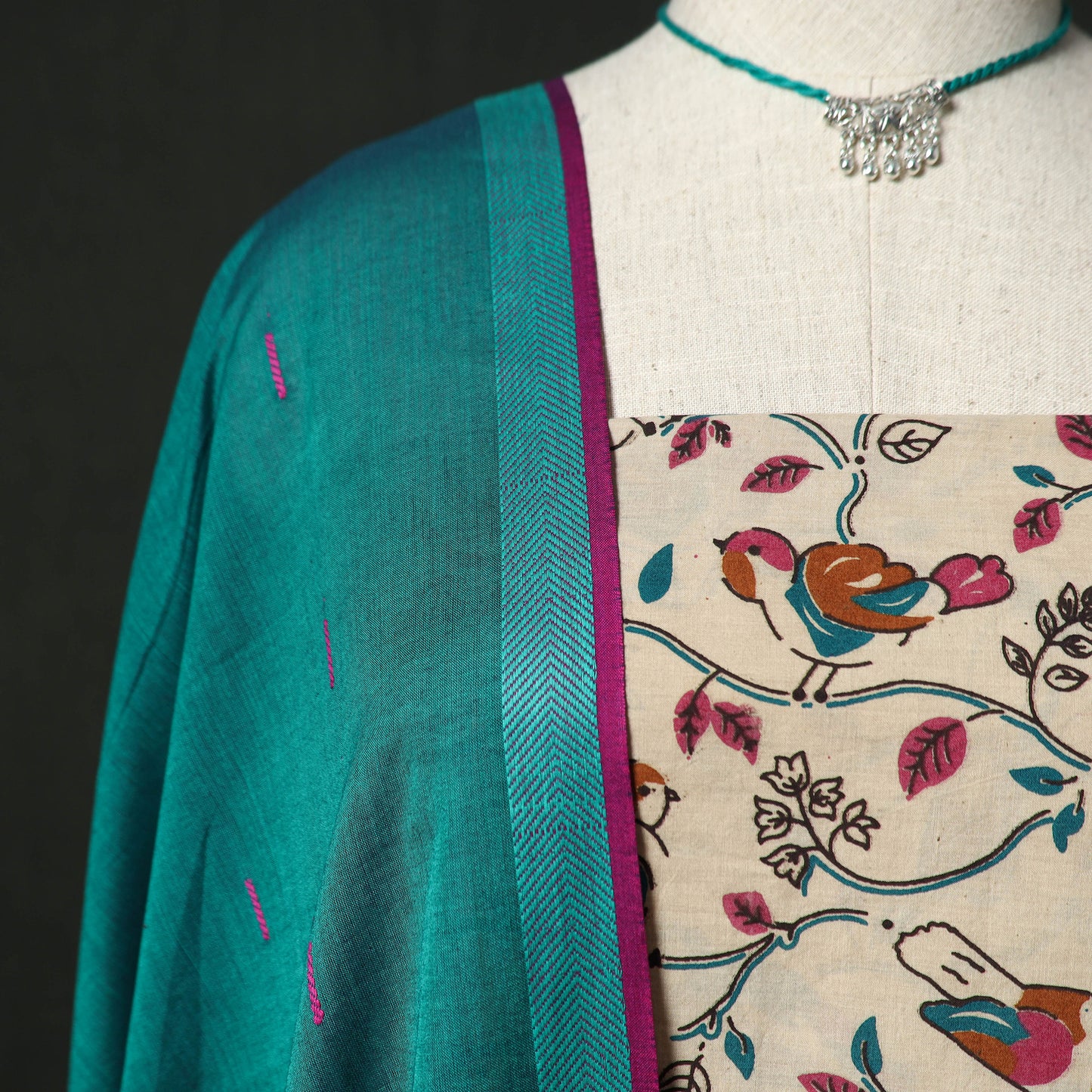 Kalamkari Printed Cotton 2pc Unstitched Dress Material Kurta Set with Jewellery 15
