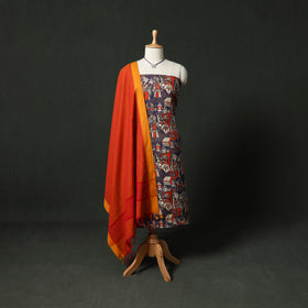 Kalamkari Printed Cotton 2pc Unstitched Dress Material Kurta Set with Jewellery 17