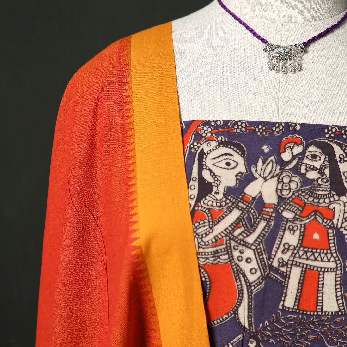 Kalamkari Printed Cotton 2pc Unstitched Dress Material Kurta Set with Jewellery 17