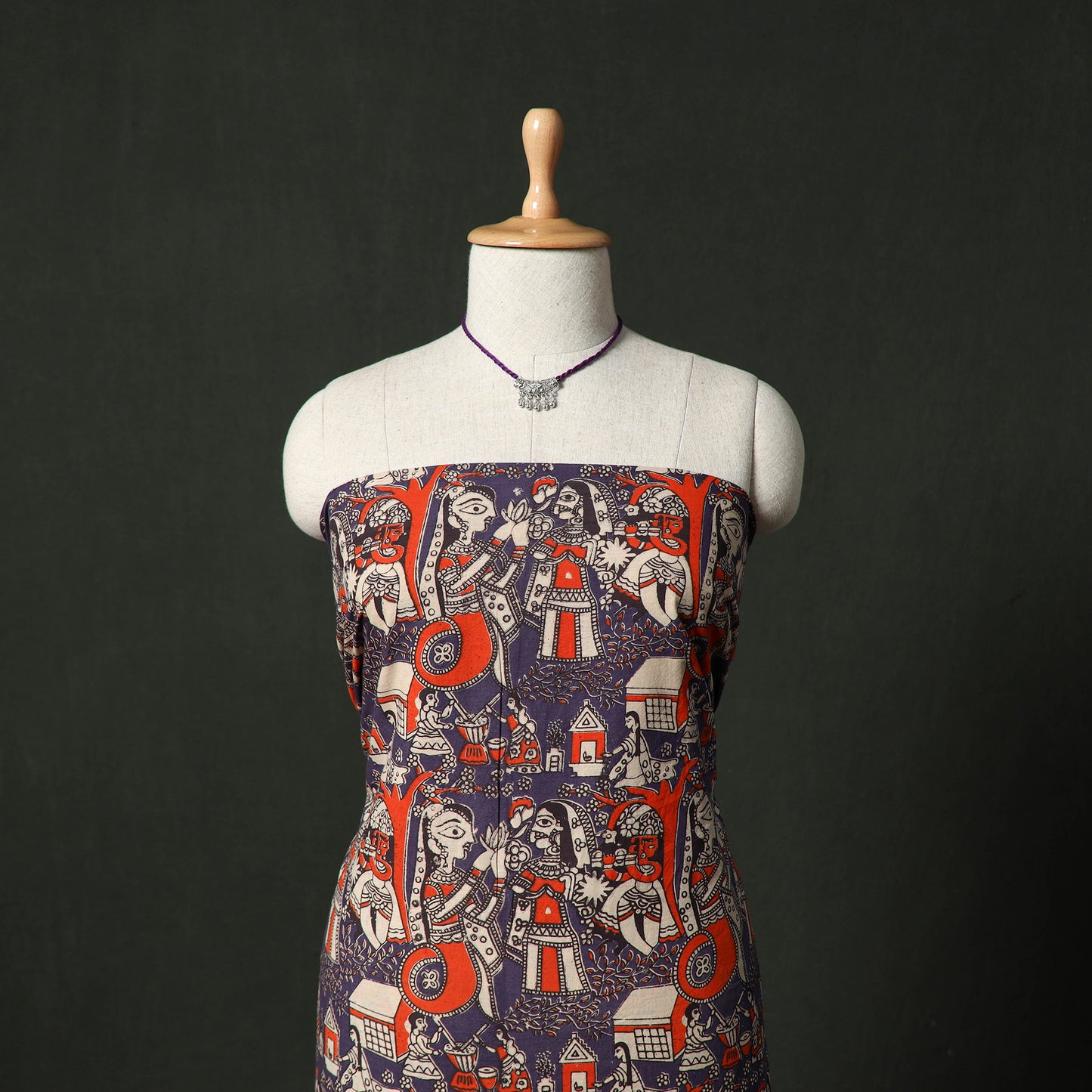 Kalamkari Printed Cotton 2pc Unstitched Dress Material Kurta Set with Jewellery 17