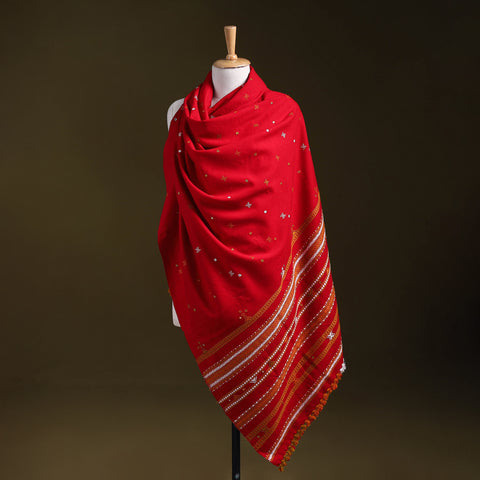 Red - kutch bhujodi handwoven mirror work woollen shawl 05