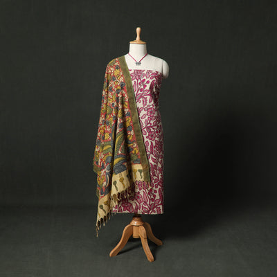 Kalamkari Printed Cotton 2pc Unstitched Dress Material Kurta Set with Jewellery 19