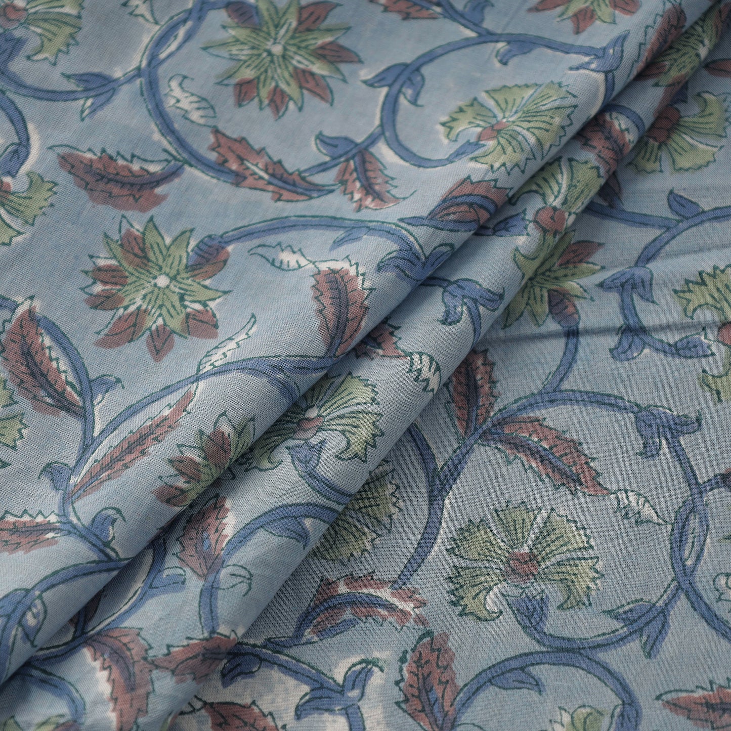 Faded Blue Floral Forage Sanganeri Block Printed Cotton Fabric
