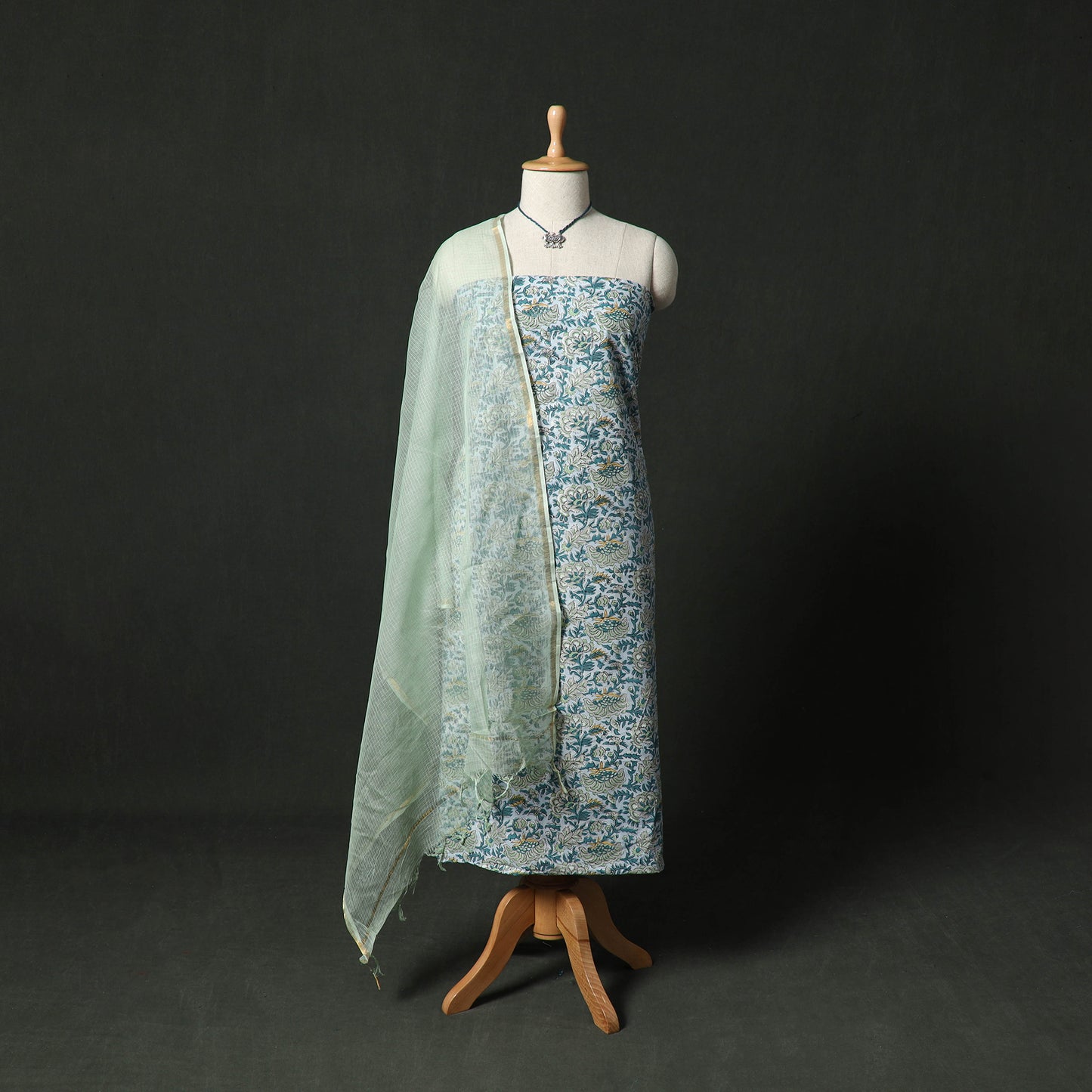 Sanganeri Hand Block Print Cotton 2pc Unstitched Dress Material Kurta Set with Jewellery 22