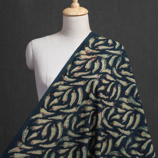 Green - तीखी मिर्ची - Blue Bindaas Block Printed Cotton Fabric