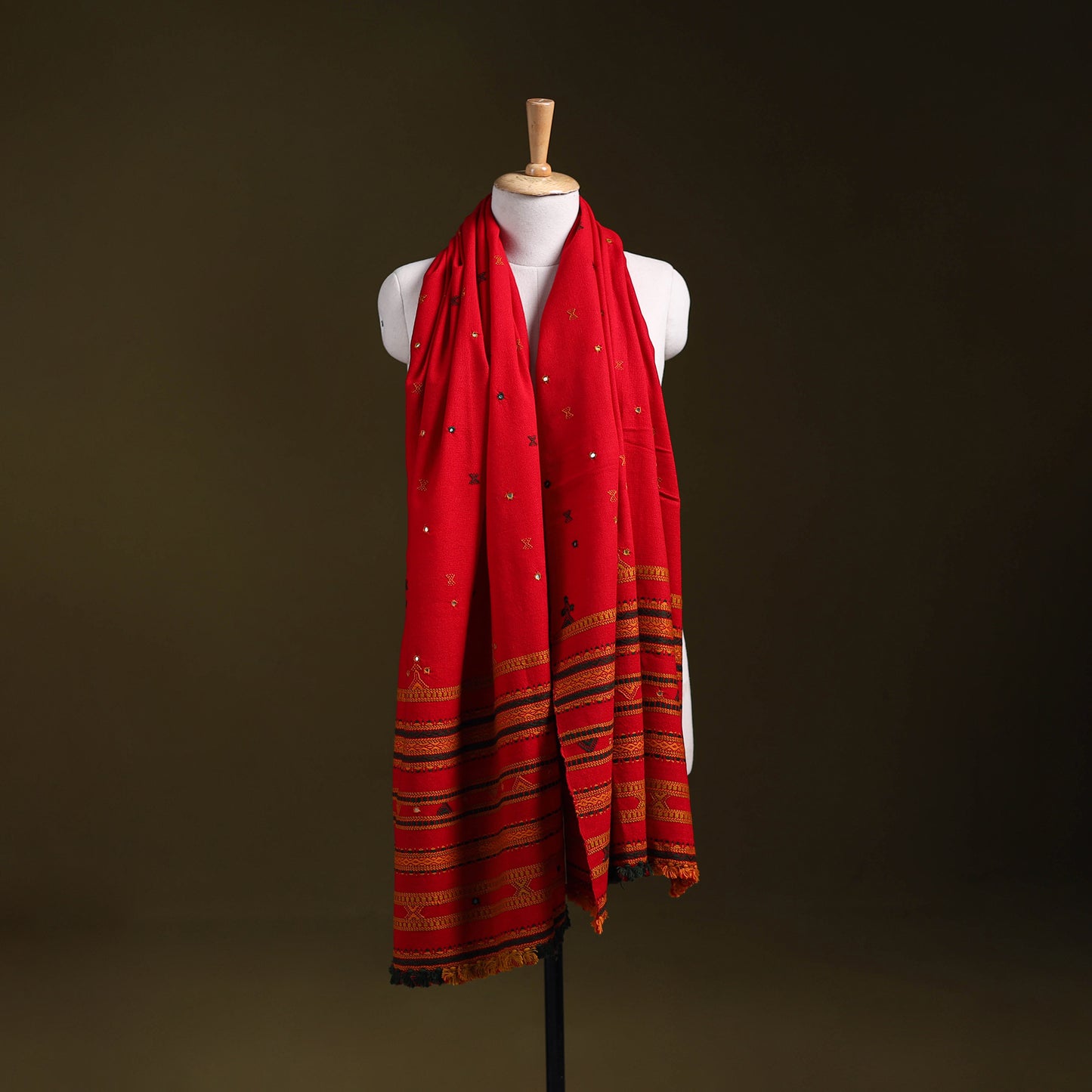 Red - kutch bhujodi handwoven mirror work woollen shawl 14