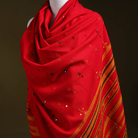 Red - kutch bhujodi handwoven mirror work woollen shawl 14