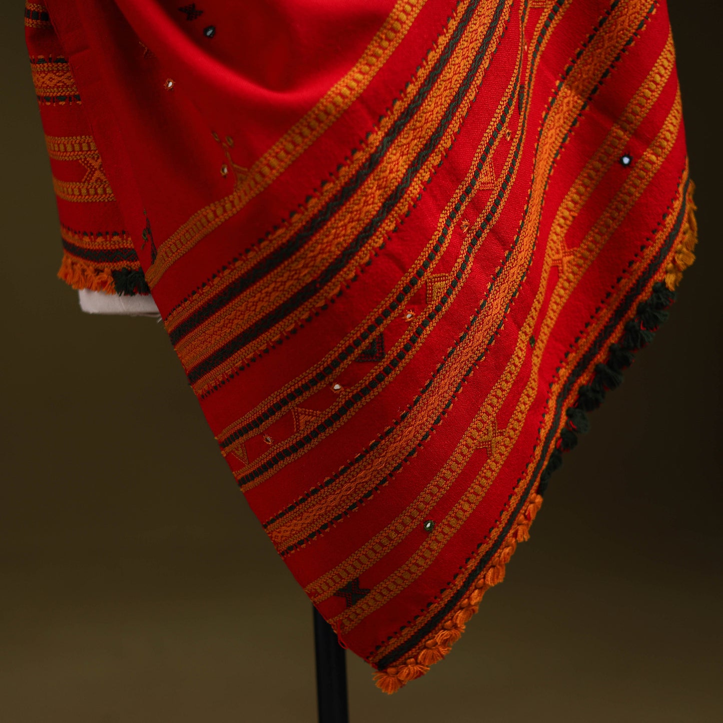 Red - kutch bhujodi handwoven mirror work woollen shawl 14