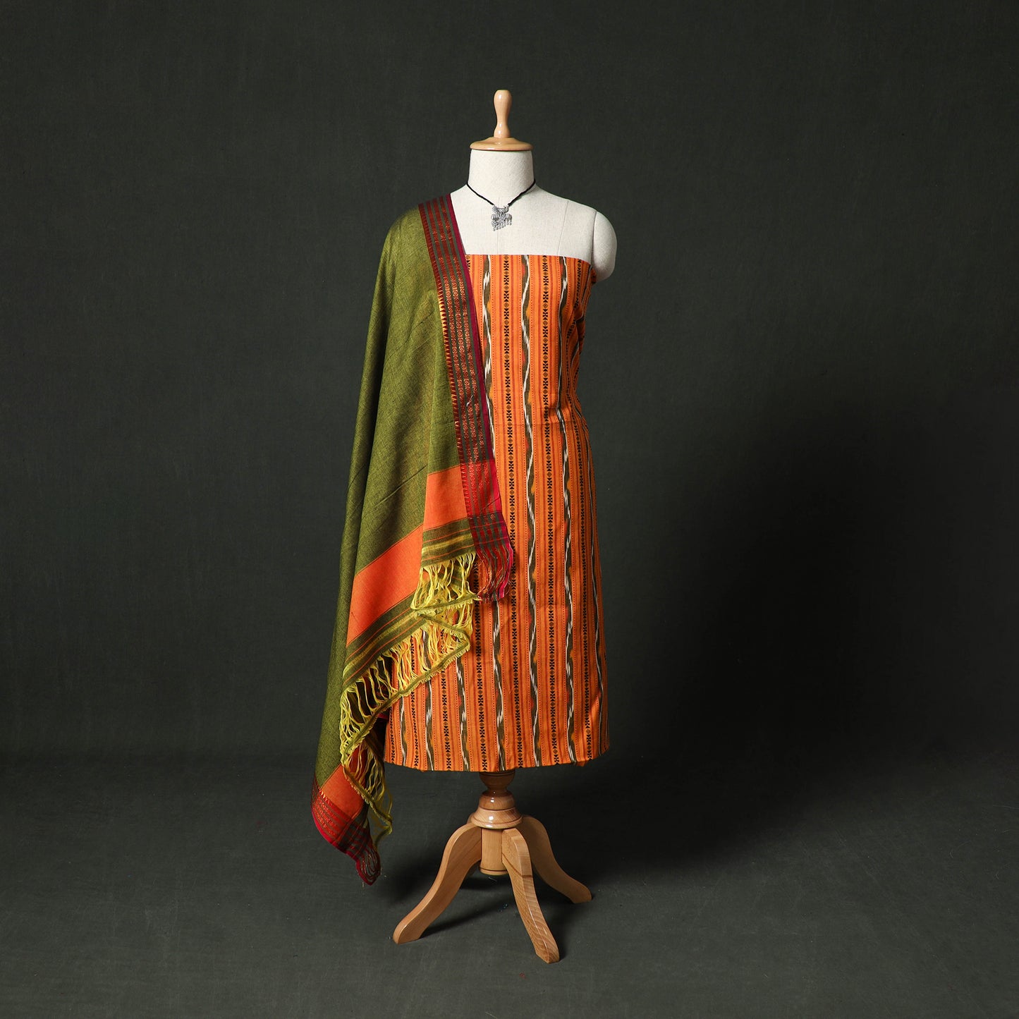 Pochampally Ikat Weave Cotton 2pc Unstitched Dress Material Kurta Set with Jewellery 25