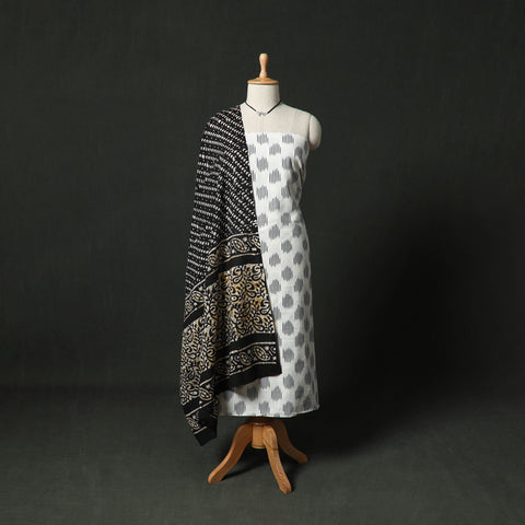 White - Pochampally Ikat Weave Cotton 2pc Unstitched Dress Material Kurta Set with Jewellery 26