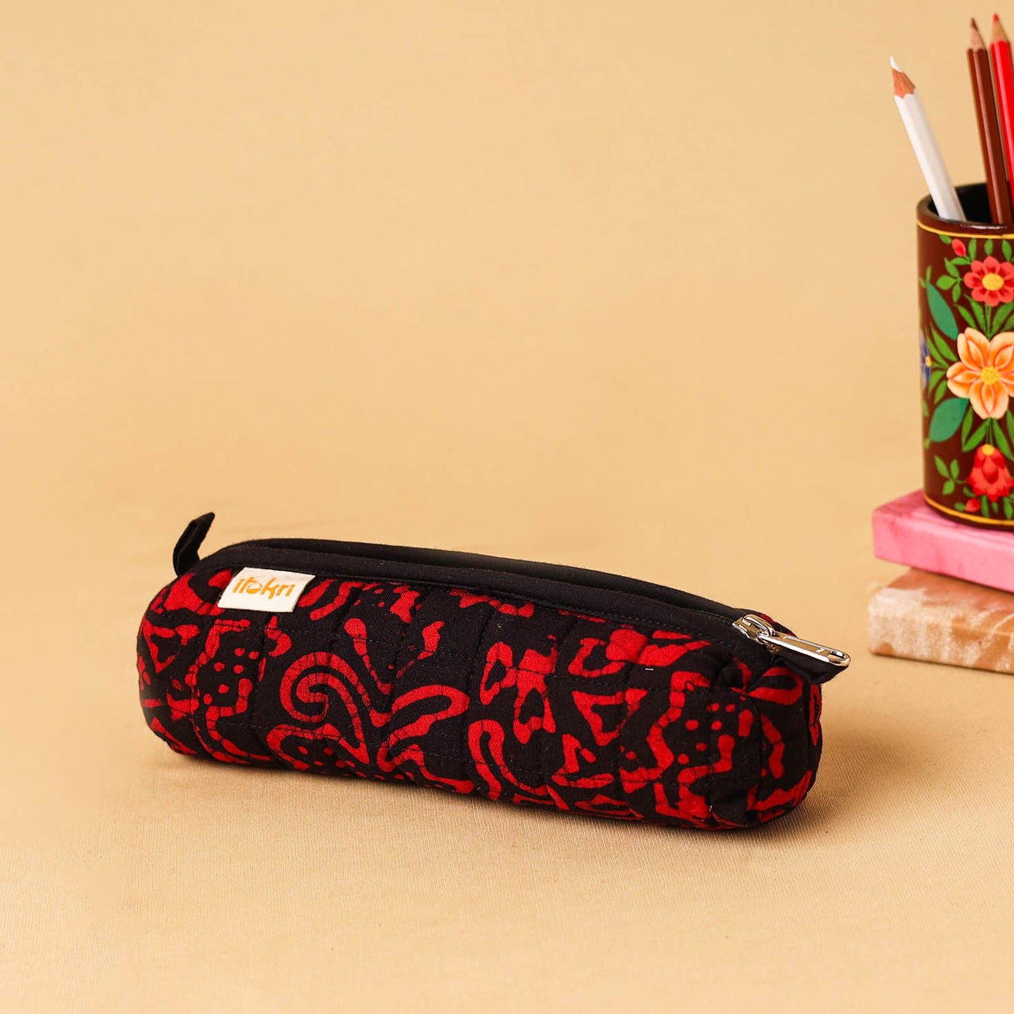 Red - handcrafted cotton quilted pencil pouch 02