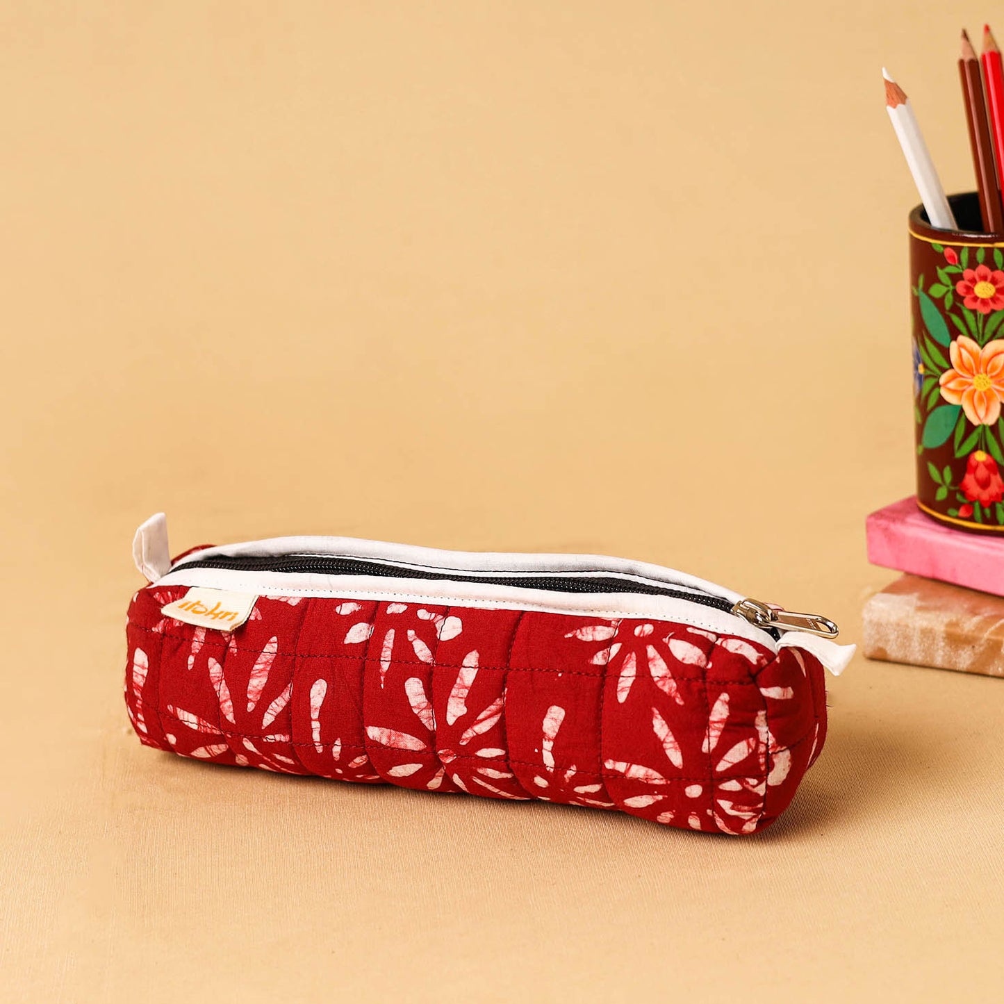Red - handcrafted cotton quilted pencil pouch 03