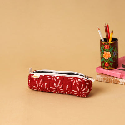Red - handcrafted cotton quilted pencil pouch 03